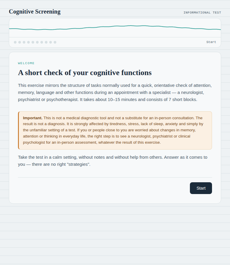 Cognitive Screening — welcome screen
