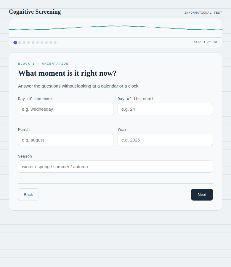 Cognitive Screening — orientation block