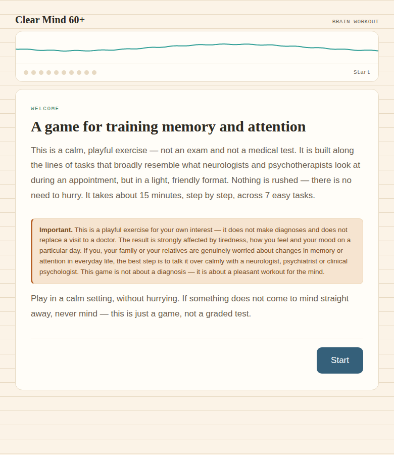 Clear Mind 60+ — welcome screen