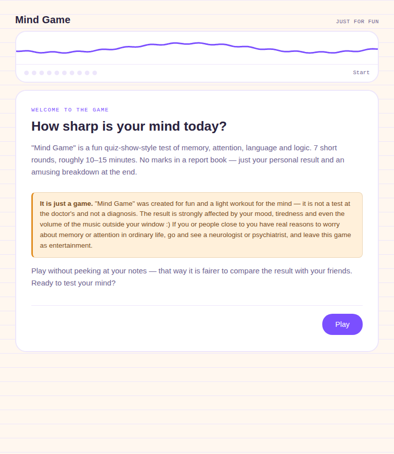 Mind Game — welcome screen